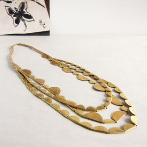 Roost Brass Half Moon Necklace Three Tier Disc Pendant Cotton Cord 28 Inch